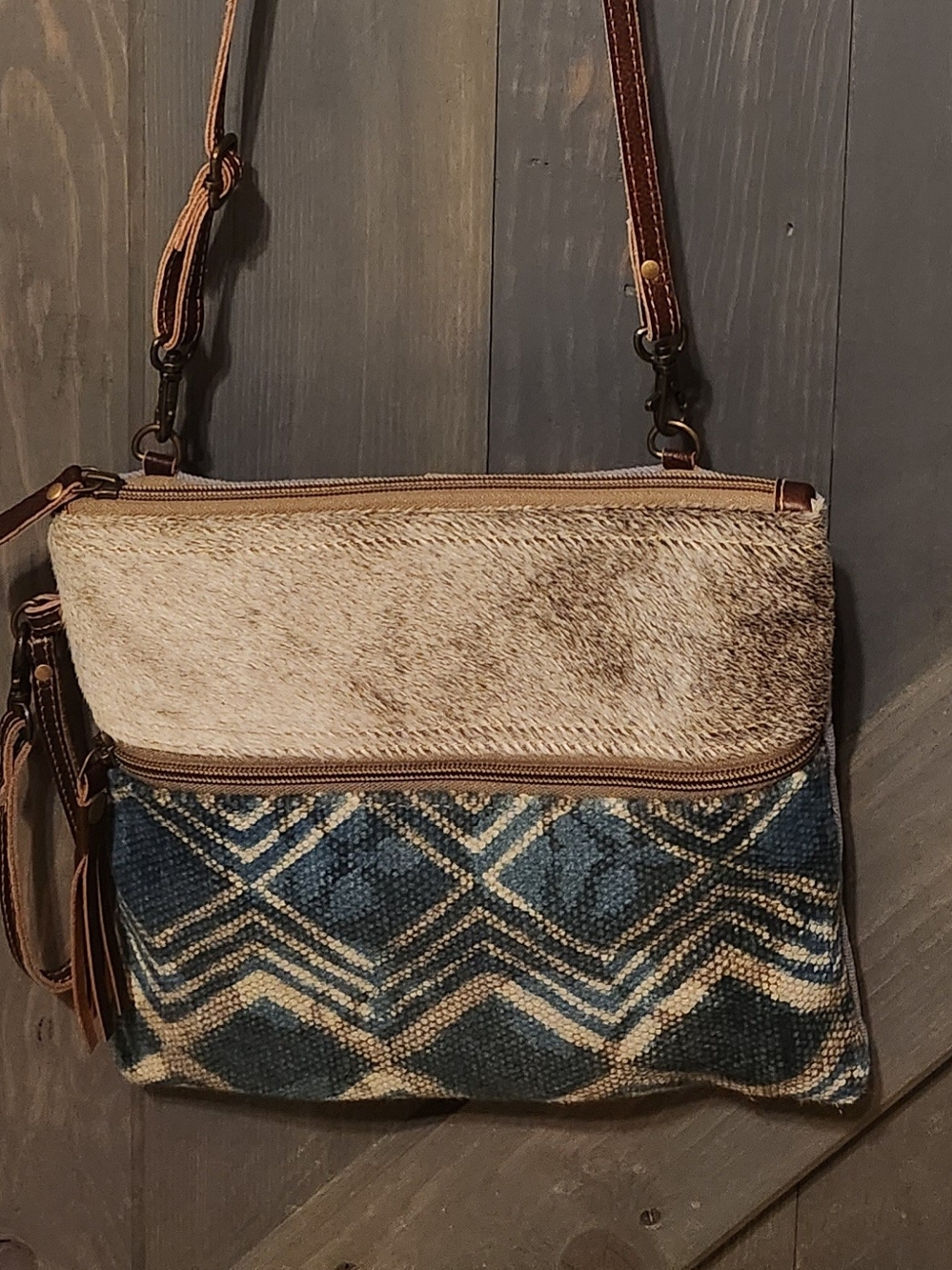 Women's Blue Patterned Crossbody Bag with Cream Fur Trim